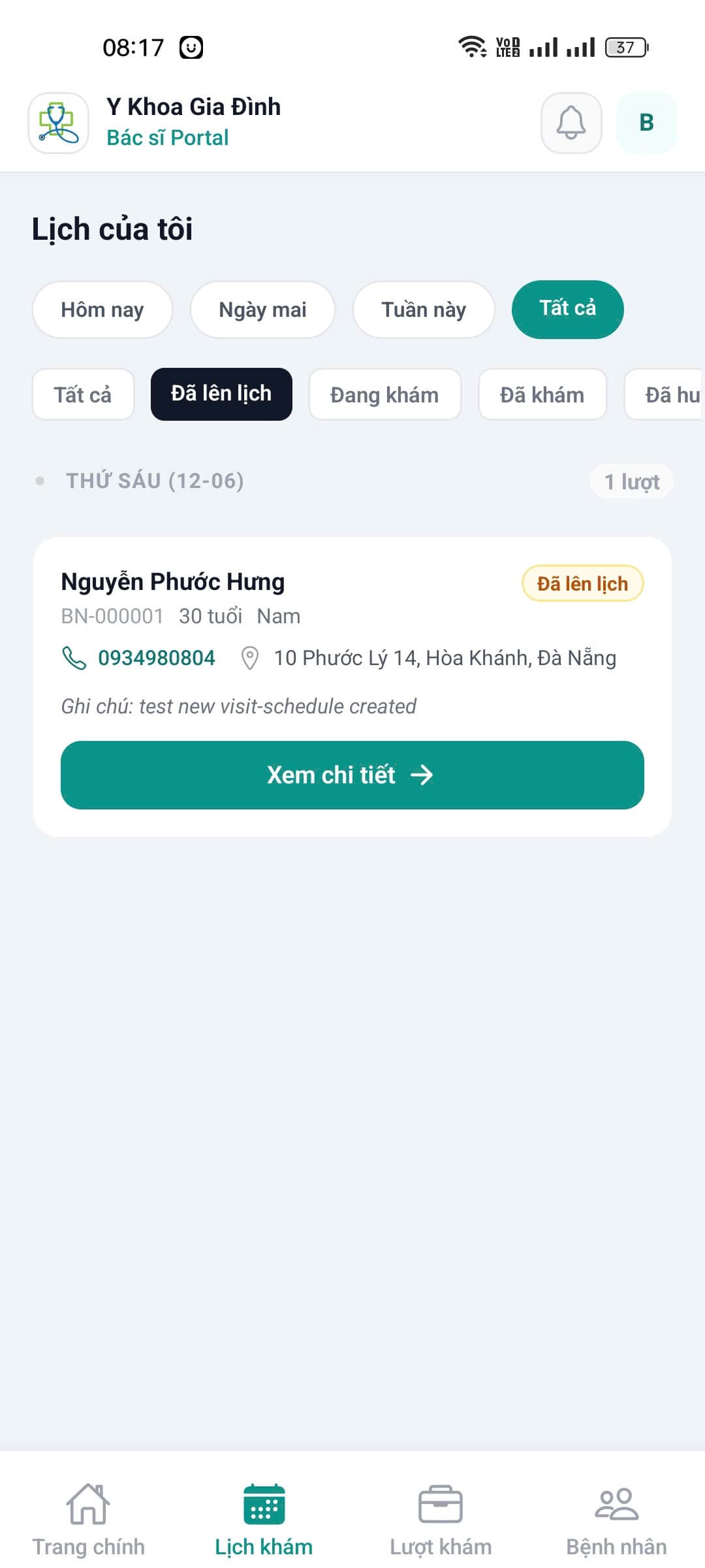 Doctor portal — appointment schedule